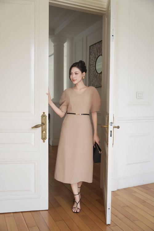 Sixdo Brownish-beige Woven Flared Dress With Belt